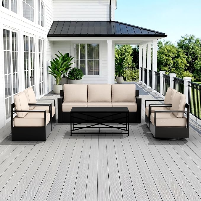 Outdoor Patio Furniture Set, 6-Piece Aluminum Patio Conversation Set All-Weather Metal Outdoor Sectional with 6 Inch Thick Cushions, Deep Setting for Garden, Outside and Porch, Beige
