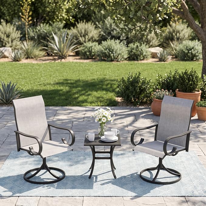 3 Pieces Patio Dining Set, 2 Outdoor Swivel Dining Chairs with 18.1" Square Outdoor Dining Table, All Weather Textilene Patio Chairs and Metal Table for Garden Backyard, Grey & Black