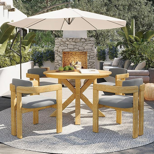 5-Piece Outdoor Acacia Wood Round Dining Set, All-Weather Round Dining Table and 4 Barrel Chairs & Removable Cushions, 5-Piece Patio Furniture for Backyard Deck Poolside (Gray Cush)