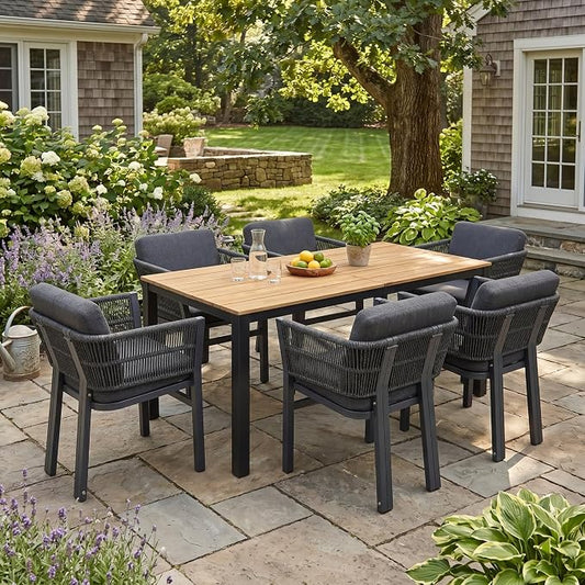 Christopher Knight Home Tamken Acacia Wood Outdoor Dining Set for 6, 7 Piece Patio Dining Table and Chair Set, Metal Outdoor Dining Armchair and Table Set with Removable Cushion, Black+Grey+Teak
