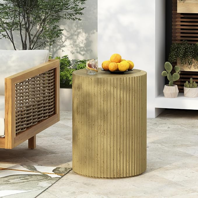 Lightweight Concrete Outdoor Side Table,Cylindrical Outdoor End Table, Wood-Like Texture Modern Small Accent Table for Patio Garden Balcony Porch Antique Brown 32.5" H