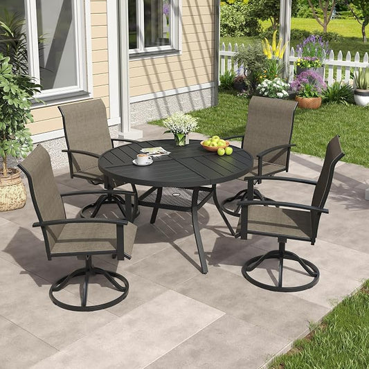 VICLLAX 5 Pieces Patio Outdoor Dining Set, 4 Swivel Textilene Chairs and 40.6" Round Metal Table with Umbrella Hole for Porch, Deck, Garden, Black/Brown