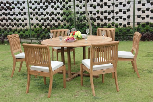 6 Seater Grade-A Teak Wood 7 Pc Dining Set 60" Round Dining Table & 6 Arbor Stacking Armless Chairs #TSDSAB56