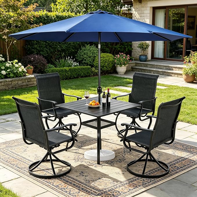 SUNCROWN 6-Piece Outdoor Dining Set, All Weather Patio Furniture Sets with 4 Black Swivel Textilene Mesh Chairs & Square Metal Table & 1 Dark Blue 9Ft Umbrella for Deck Garden Backyard Poolside