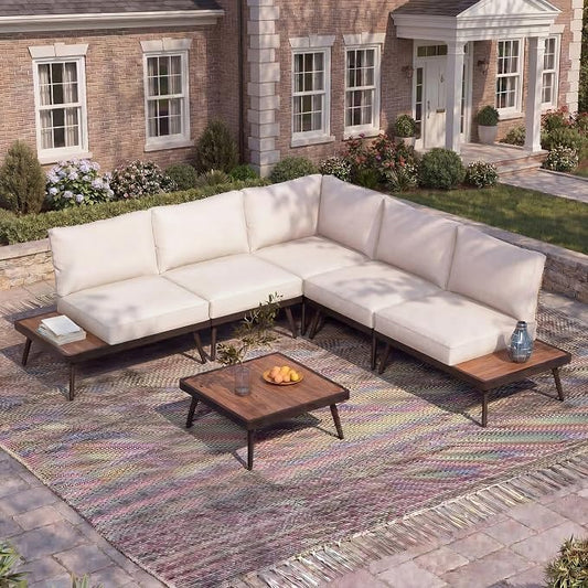 LAUSAINT HOME L-Shaped Outdoor Furniture Set, 6 Pieces PE Rattan Patio Conversation Set, Rustproof Steel Sectional Sofa with Thickened Cushions & Coffee Table for Patio, Garden, Poolside and Balcony