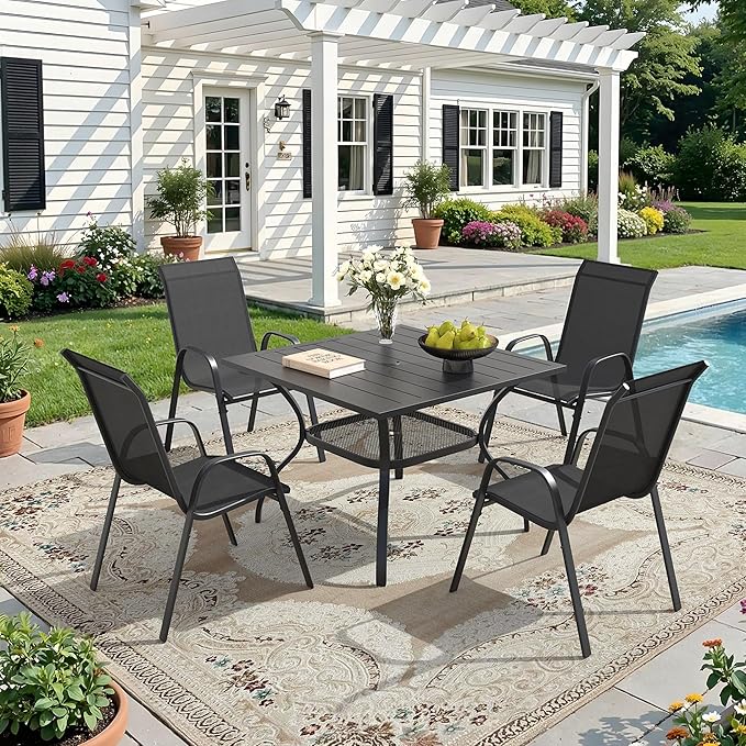 DIFY 5 Piece Outdoor Dining Set, 38" Black Square Metal Patio Table and Dark Grey Textilene Stackable Chairs for 4, All Weather Patio Furniture Set with Umbrella Hole for Backyard Garden Deck