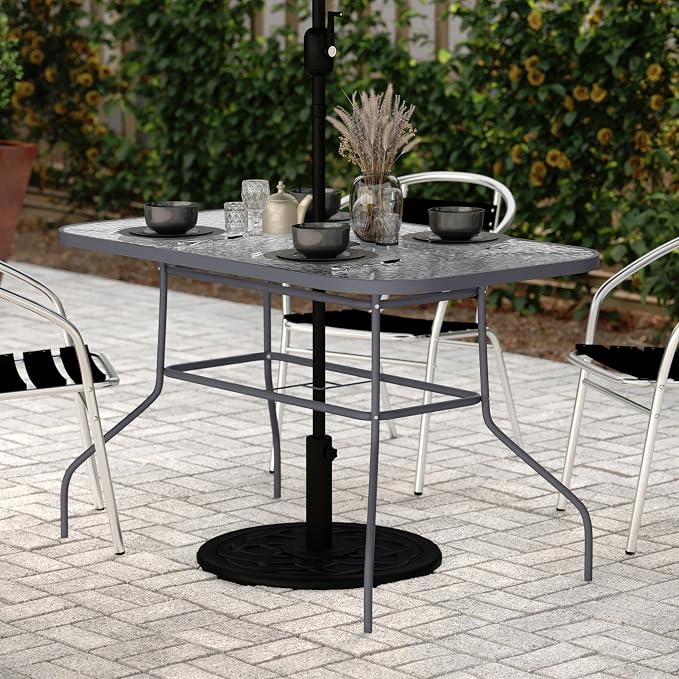 Flash Furniture Tory Rectangle Patio Table with Umbrella Hole, Commercial All-Weather Table with Heat Resistant Tempered Glass, Steel Tube Frame, 27.5x47.25, Silver