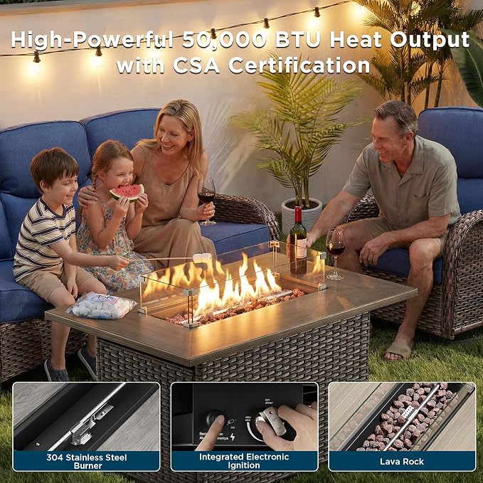 Luxury Patio Furniture Set with Fire Pit Table-10 Pieces All Weather Outdoor Swivel Rocker Chairs with Sofa and Ottomans. Outdoors Patio Conversation Sets for Porch Deck Garden Backyard(Brown/Blue)