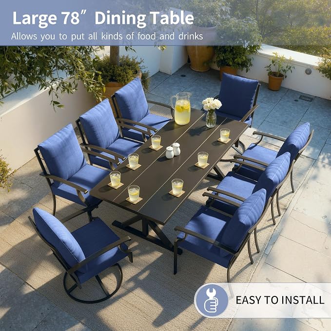 Kullavik 9 Pieces Outdoor Dining Set,Patio Dining Table and Chairs Set for 8,Fence Pattern Back Chairs with Thickened Cushions & X-Frame Metal Dining Table with Umbrella Hole for Patio,Navy Blue
