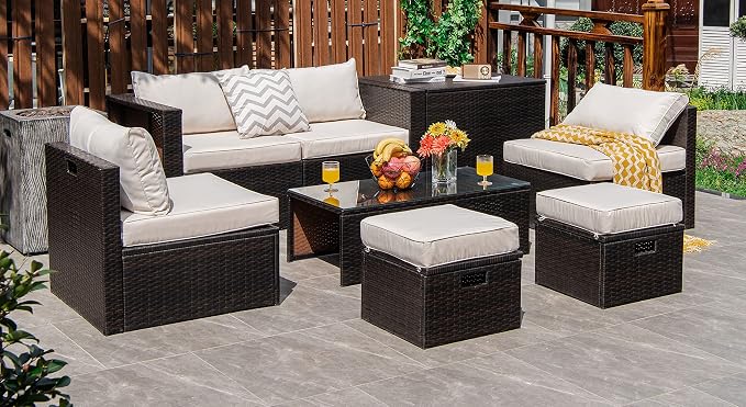 COSTWAY 8-Piece Outdoor Patio Furniture Set, Rattan Sectional Sofa, Armless Chairs, Side Table with Storage Ottoman & Glass Coffee Table, Space-Saving Conversation Set for Garden Deck (White)