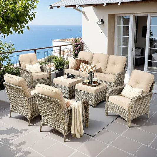 7-Piece Outdoor Patio Furniture Set with Ottomans 3 Seater Couch,All Weather Wicker Rattan Patio Seating Sofa and Chair Set with Ottomans,Outdoor Conversation Sets for Porch Deck Yard,Beige
