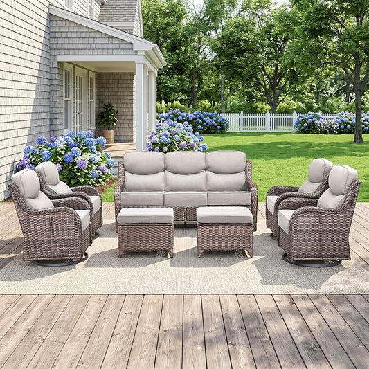 Luxury High Back Outdoor Furniture with 6-Inch Thick Cushions, Patio Furniture Set with Swivel Chairs, 7 PCS Wicker Conversation Set for Porch, Balcony, Deck and Yard