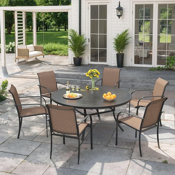 VICLLAX 7 Pieces Patio Outdoor Dining Set, 50" Round Metal Table with Umbrella Hole and 6 Stackable Textilene Chairs for Lawn, Garden, Porch, Black/Brown