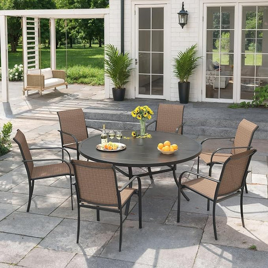 VICLLAX 7 Pieces Patio Outdoor Dining Set, 50" Round Metal Table with Umbrella Hole and 6 Stackable Textilene Chairs for Lawn, Garden, Porch, Black/Brown