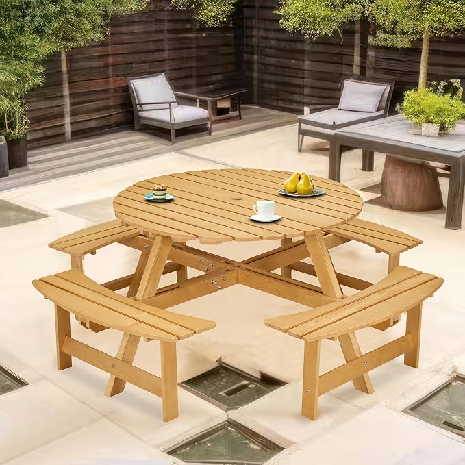 8-Person Outdoor Picnic Round Table with Built-in Benches | All-Weather Wooden Patio Furniture for Gardens, Backyards and Porches | Includes 2" Umbrella Hole (Natural, 70.08"*70.08"*27.17")