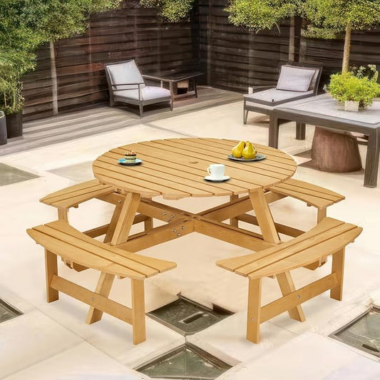 8-Person Outdoor Picnic Round Table with Built-in Benches | All-Weather Wooden Patio Furniture for Gardens, Backyards and Porches | Includes 2" Umbrella Hole (Natural, 70.08"*70.08"*27.17")