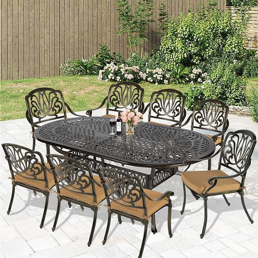 MEETWARM 9-Piece Outdoor Patio Dining Set, 8 Outdoor Dining Cushioned Chairs and 1 Oval Table with 2" Umbrella Hole, All Weather Cast Aluminum Patio Funiture Set for Backyard, Patio, Garden