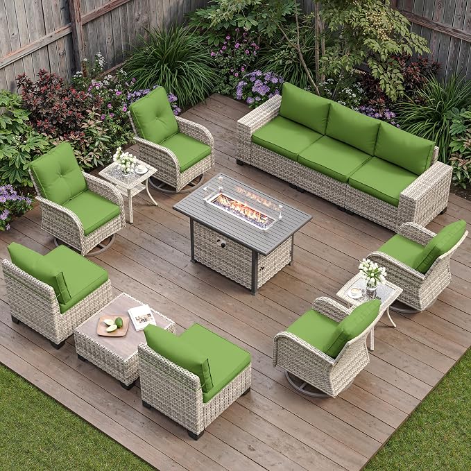 13-Piece Outdoor Patio Furniture Set with Rocking Swivel Chair, PE Wicker Rattan Sectional Sofa Patio Conversation Set with 55,000 BTU Fire Pit Table & Coffee Table, Avocado Green