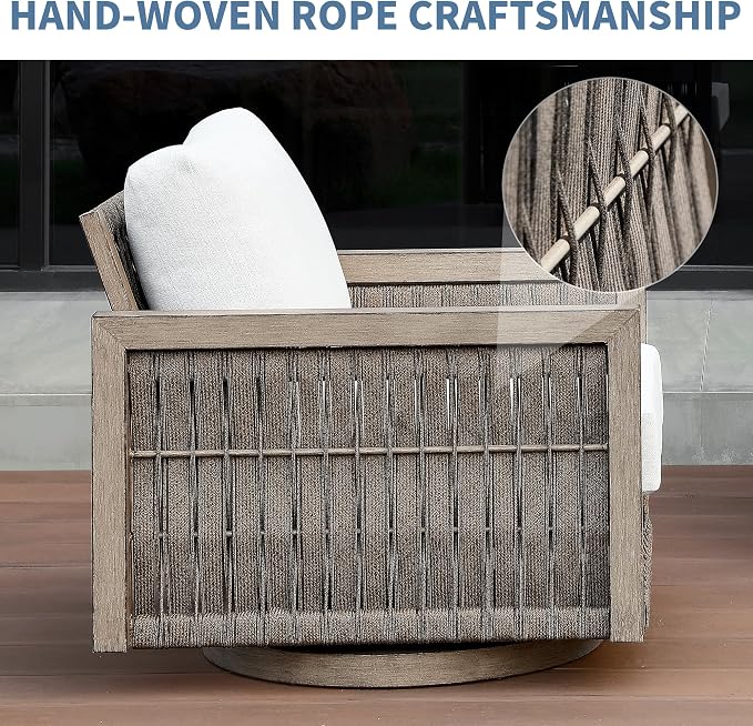 4 Pieces Patio Furniture Set, Outdoor Conversation Set with Coffee Table, 3-Seat Sofa & Swivel Chair, Rope Weave & Aluminum Frame, Contemporary Sofa with Cushion for Porch Yard Deck, Gray Oak