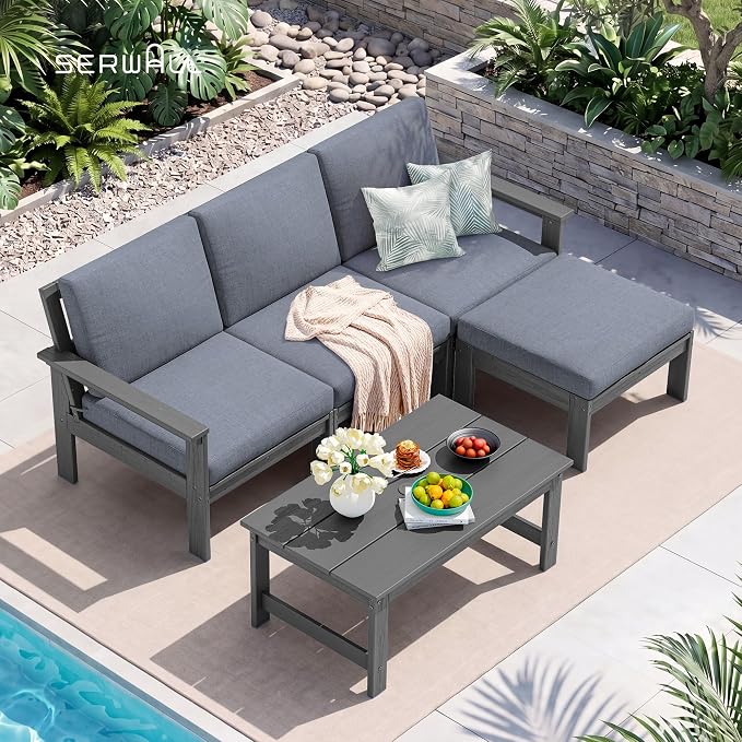 SERWALL HDPE Outdoor Ottoman with Cushions