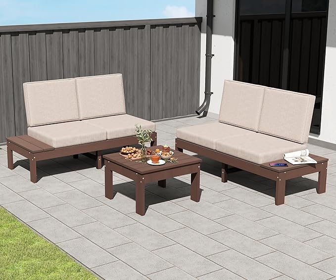 Domi HDPE Outdoor Patio Sofa Set, 3-Piece Modern Conversation Set with Left & Right Sofas, Cushioned Sectional Seating and Coffee Table for Backyard, Porch, Deck & Garden,Brown