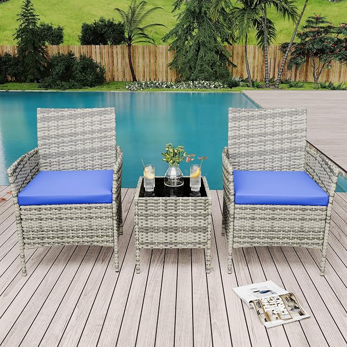 IDEALHOUSE Patio Furniture Set, 3-Piece PE Rattan Wicker Patio Set with Cushions and Glass Table, Outdoor for Porch, Garden, Balcony, Modern Outdoor Patio Furniture Set, Grey & Blue