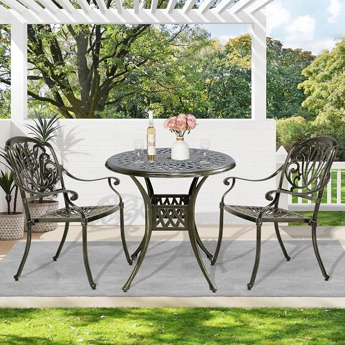 MEETWARM 3 Piece Patio Bistro Set, Outdoor All-Weather Cast Aluminum Dining Furniture Set Includes 2 Chairs and a 31” Round Table with Umbrella Hole for Garden Deck