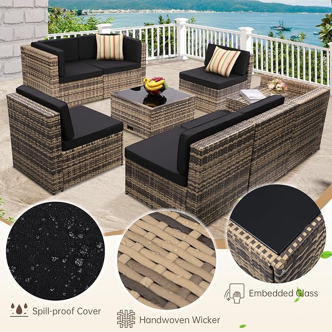 KROFEM 8 Piece Patio Furniture Set, Outdoor Modular Conversation Set, Black | UV Treated Wickers, Machine Washable Cushions, Seats 6, 2 Hidden Storage Compartments, Rustproof Frame, Waterproof