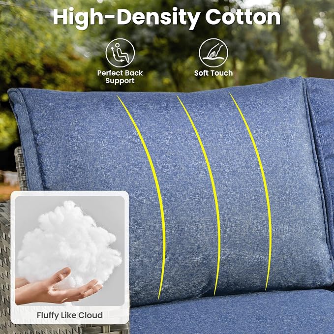 ovios 3 Pieces Patio Furniture Set Outdoor Sofa with Ottomans, Wicker Rattan Couch with Footrests Comfy Cushions, All Weather Sofas Couches for Porch Backyard Garden, Denim Blue