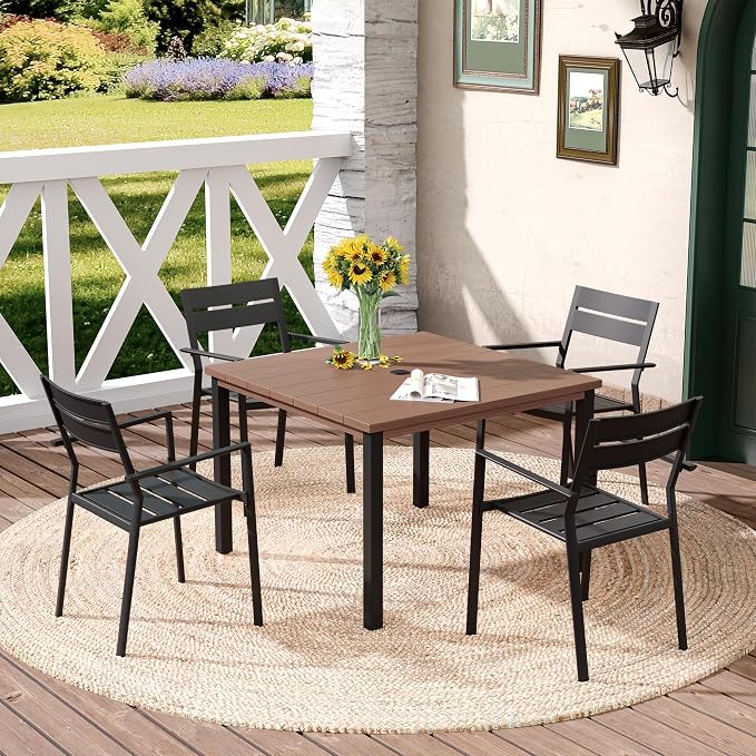 DIFY 5 Pieces Outdoor Patio Dining Set for 4, 40.2" Walnut Square Metal Dining Table and 4 Black Metal Stackable Dining Chairs, Outdoor Table and Chairs for Lawn Garden Poolside