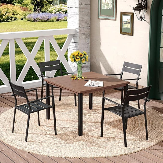 DIFY 5 Pieces Outdoor Patio Dining Set for 4, 40.2" Walnut Square Metal Dining Table and 4 Black Metal Stackable Dining Chairs, Outdoor Table and Chairs for Lawn Garden Poolside