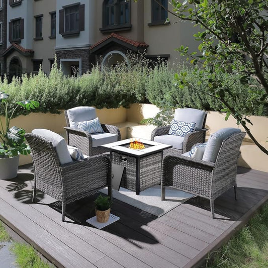ovios 5-Piece Patio Furniture Set, Outdoor Wicker Sofa with Chairs Fire Pit Table, High Back Rattan Chair with Comfy Cushions for Porch Yard Deck, Grey