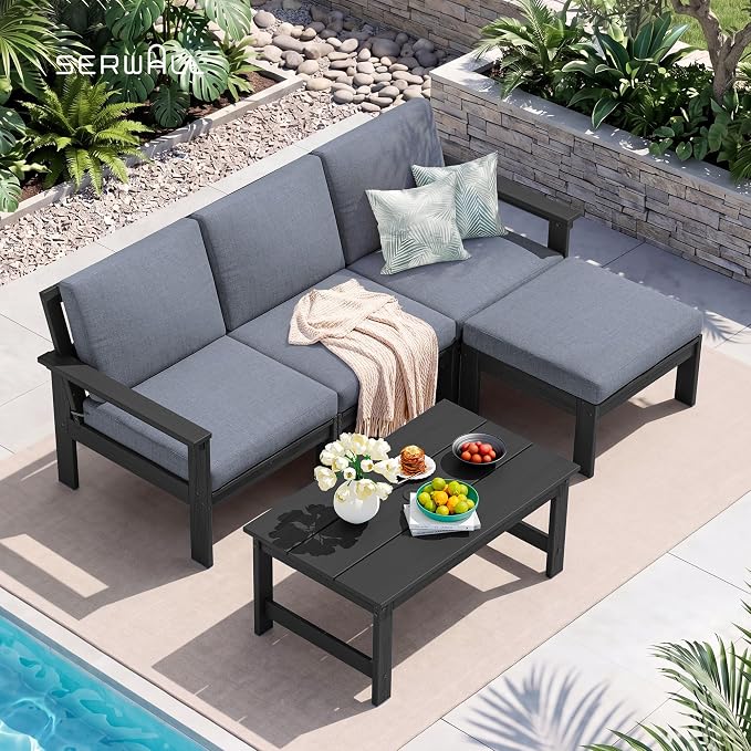 SERWALL HDPE Outdoor Ottoman with Cushions