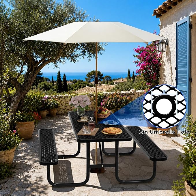 6FT Rectangular Steel Outdoor Picnic Table, Commercial Picnic Table Bench Set with Umbrella Hole, Weather-Resistant Heavy Duty School Dining Table for Stores, Park, Patio, Garden, Backyard, Black