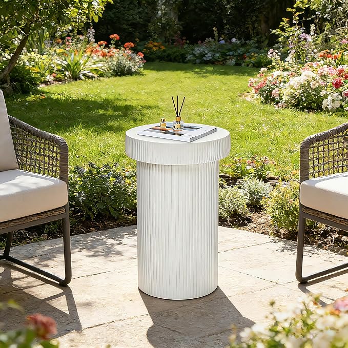 24" Pedestal Side Table, 3-in-1 Durable Lightweight Round Coffee Table, Decorative Patio Accent End Table Fluted Garden Stool Art Decor for Poolside, Balcony, Living Room, White