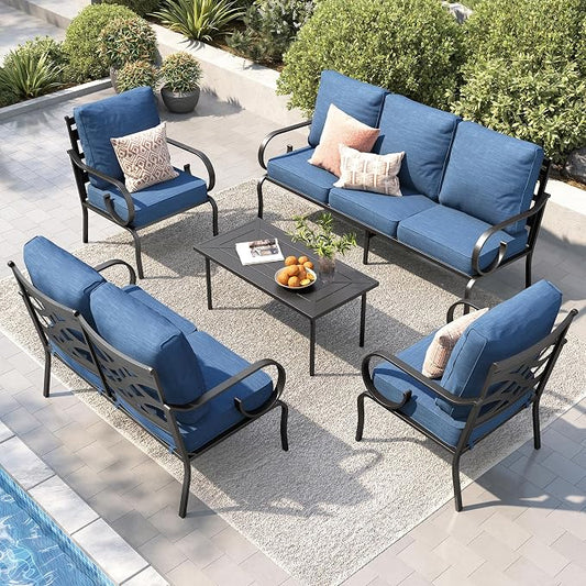 PHI VILLA Patio Furniture Set, 1 Loveseat, 3-Seater Sofa, 2 Fixed Chairs and 1 Coffee Table, Outdoor Metal Conversation Set with 5.75" Extra Thick Cushion for Garden Backyard Deck, Navy