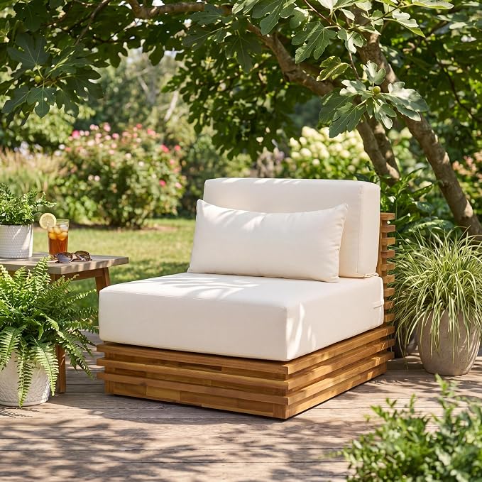 Merax Oversized Outdoor Club Chair with Acacia Wood Frame, Natural Finish & Beige Cushions, Patio Lounge Chair for Garden, Deck & Poolside