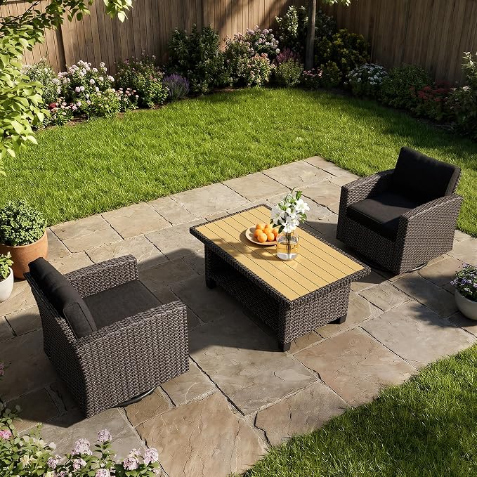 WWR Patio Furniture Set-30% Thicker Wicker-Luxury 3 Piece PatioWicker Outdoor Patio Conversation Set with Extra Wide & Thick Cushions, Swivel Rocking Chairs for Backyard, Porch & Deck