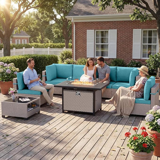 Patio Furniture Set, 8-Piece Outdoor Sectional Sofa with 60,000 BTU Fire Pit Table & 2-Layer Glass Coffee Table, Wicker Patio Conversation Set with Cyan Cushions