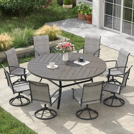 VICLLAX Outdoor Table and Chairs Set for 8, Patio Dining Set of 60 Metal Round Patio Table with Umbrella Hole & 9 Swivel Outdoor Dining Chairs for Backyard Lawn, Grey & Antique Grey