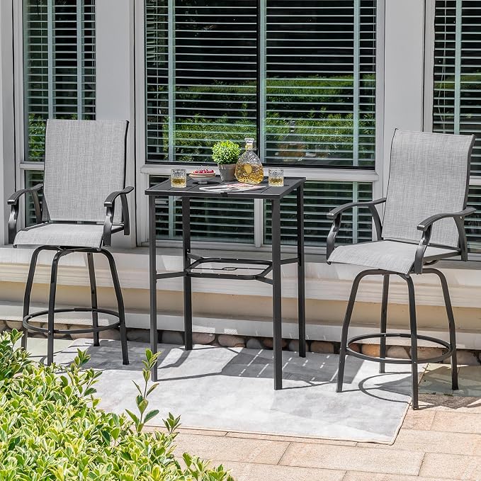 NUU GARDEN 3-Piece Outdoor Swivel Bar Set, All-Weather Textilene High Bistro Stools and 28" Square Bar Table with Slatted Top and Umbrella Hole for Patio Garden Backyard Balcony, Gray and Black