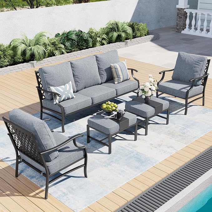 SUNSHINE VALLEY 5 Piece Metal Outdoor Patio Furniture Set, Patio Conversation Sets 1 3-seater Sofa, 2 Fixed Chair, 2 Ottomans with 5.75" Thick Cushion, Black All-weather Frame Backyard Furniture, Gray