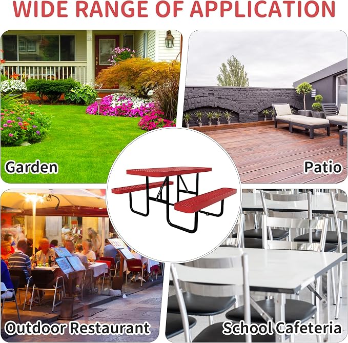 4FT Picnic Tables for Outdoors, Rectangular Commercial Metal Picnic Table Bench Set with Umbrella Hole,Heavy Duty Steel Weather-Resistant Dining Table for Patio Dining Garden Backyard BBQ School