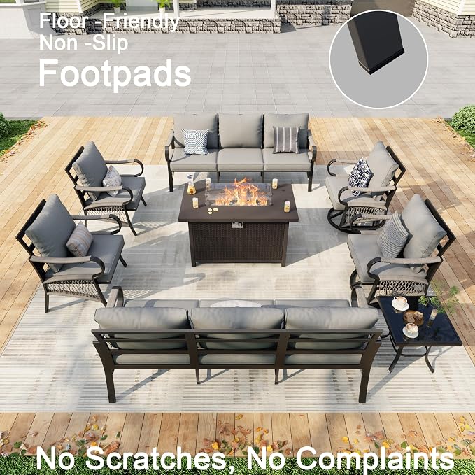 8 Pieces Patio Furniture Set, Metal Outdoor Conversation Sets with Fire Pit Table and Swivel Chairs for Backyard Garden Deck Porch Poolside (Thick Gray Cushions)