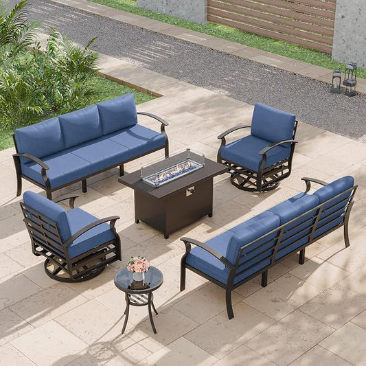 Kurapika Aluminum Patio Furniture Set 8-Seat Modern Metal Outdoor Conversation Sets w/45in Propane Fire Pit Table, Swivel Rocking Chairs Patio Sectional Sofa w/5.1 Inch Cushion, Navy Blue