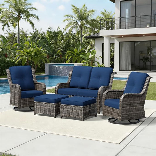 Joyside 5 Piece Wicker Patio Furniture Set, Outdoor Swivel Rocker Patio Chairs with High Back, Deep Seating, Wide Armrest, Thickened Cushions, Outdoor Furniture for Deck, Porch Use