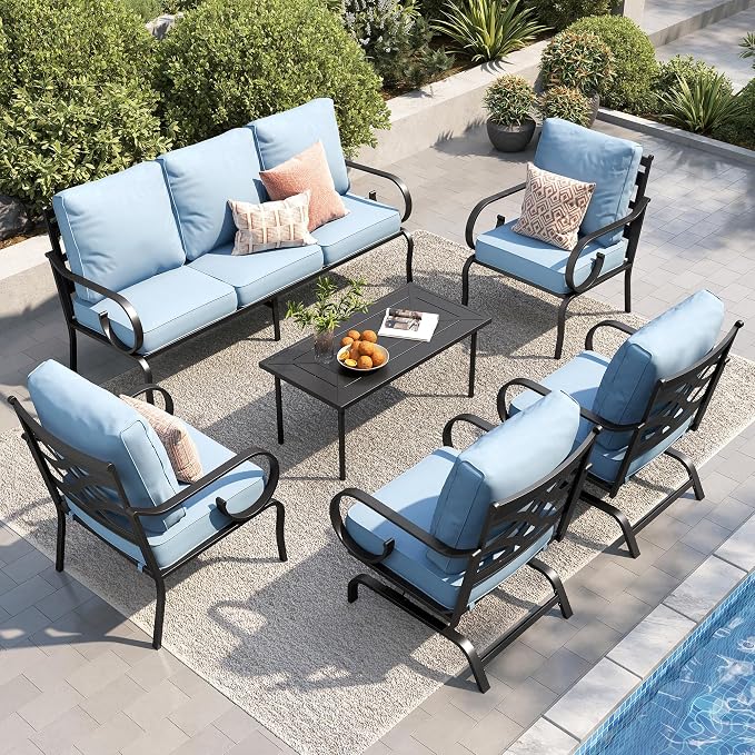 PHI VILLA Patio Furniture Set, 3-Seater Sofa, 2 Fixed Chairs, 2 Rocking Chairs and a Coffee Table, Outdoor Metal Conversation Set with 5.75" Extra Thick Cushion for Garden Backyard Deck, Blue