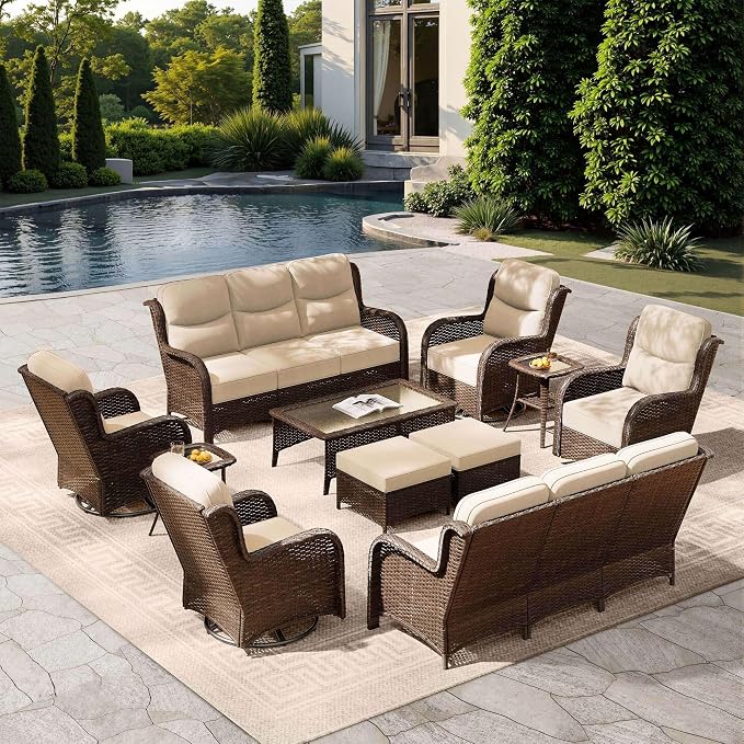 HILLGA Luxury Outdoor Patio Furniture Set with 6-Inch Thick Cushions, High Back Wicker Swivel Rocker Chairs, 11 Pcs All Weather Conversation Set for Large Deck, Yard and Poolside, Beige (V3)