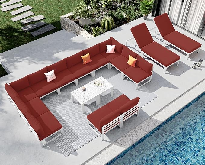 NICESOUL 16 Piece Modern Aluminum Outdoor Patio Furniture Set with Chaise & Coffee Table, Extra Large All-Weather Modular Sectional Couch, 29" Wide Deep Seating Conversation Sofa for Poolside, Red