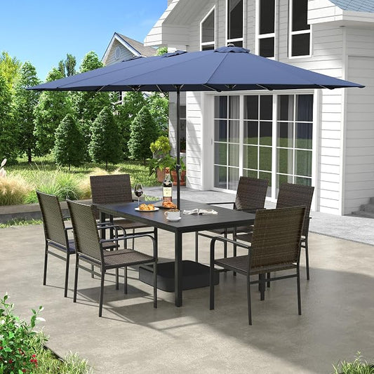 VICLLAX 8 Pieces Patio Dining Set with Blue Umbrella, 6 Stakable Wicker Outdoor Chairs and Metal Patio Table with Umbrella Hole for Backyard Lawn Deck, Black Tabletop